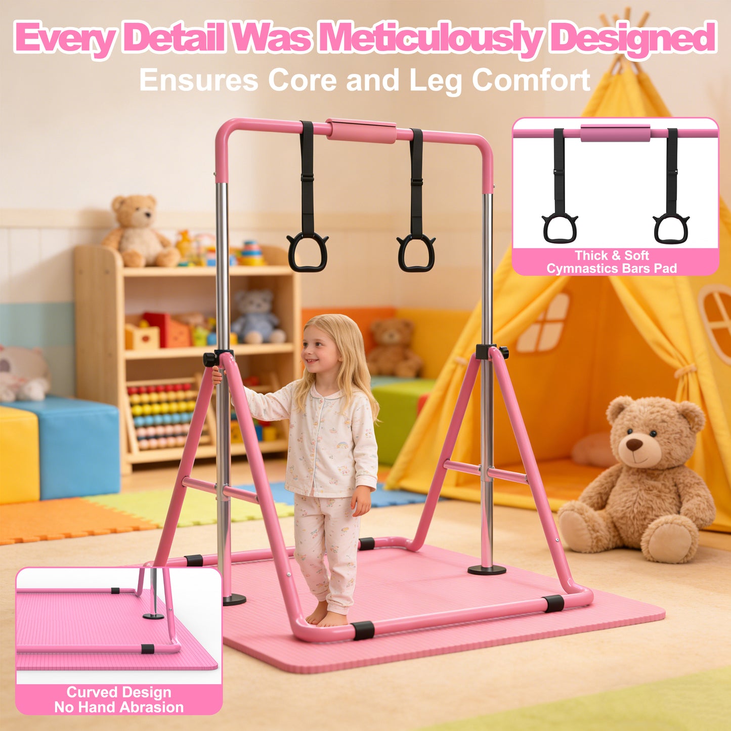 Gymnastics Bar For Kids, Gymnastics Horizontal Bar With Adjustable Height Foldable Training Bar With Mat For Home Practice