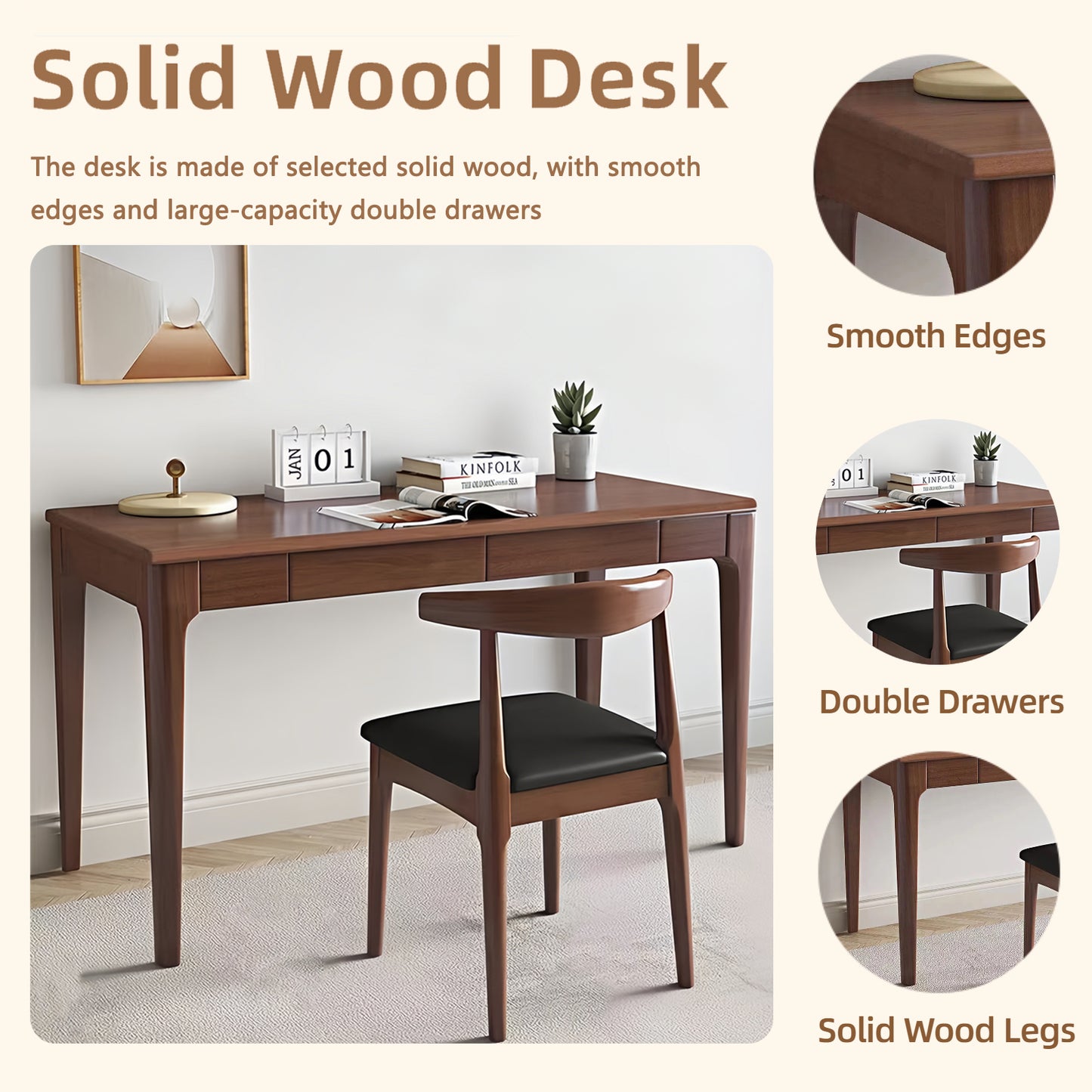 Solid Wood Desk With Drawers, Standing Desk With Smooth Edges, Home Office Desk For Small Spaces, Mid Century Modern Desk For Study, Bedroom, Living Room, Office, Walnut, 47.24inx21.65inx29.53in