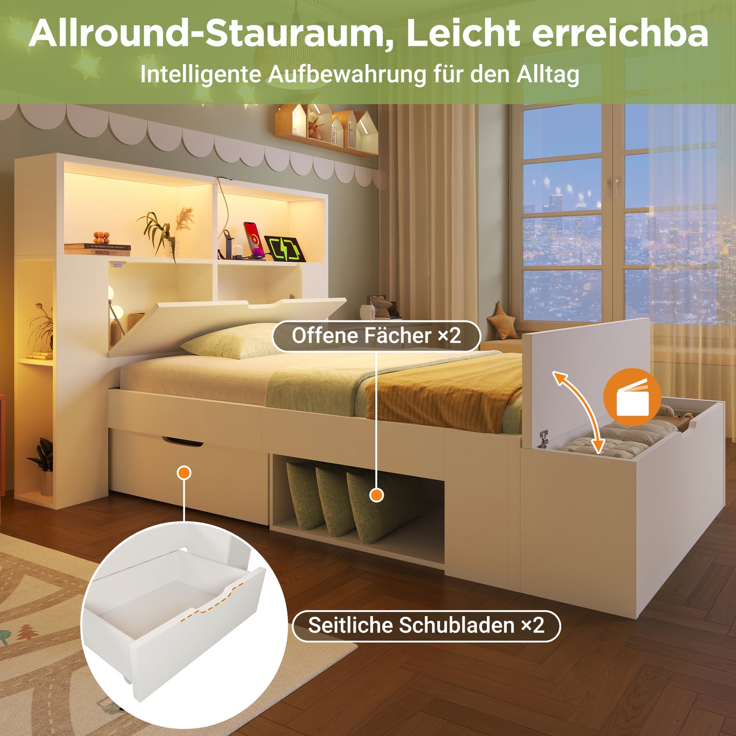 Wooden Bed 90x200 Cm White Single Bed With Storage, LED Lighting, USB Charging Ports, Drawers, Bed Bench, Shelves, Slatted Base, For Children Teenagers Room, Without Mattress