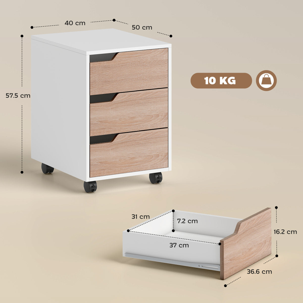 3 Drawer Mobile File Cabinet, Vertical Filing Cabinet With Wheels For Home Office, Oak