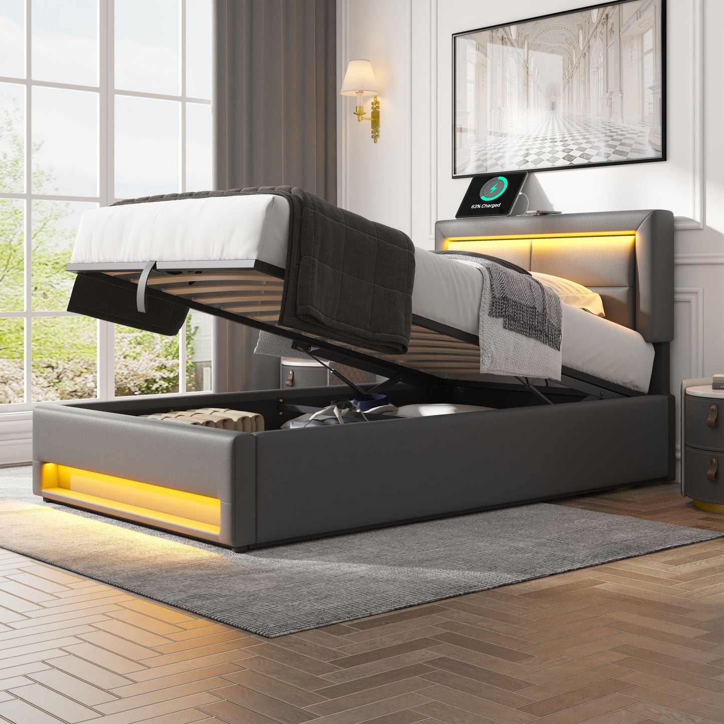 Upholstered Bed 90 X 200 Cm, With USB Port Supports Wireless And Wired Charging , With LED Lighting And Storage, Without Mattress, PU Lychee Pattern,Grey OLD SKU 3252934AAG