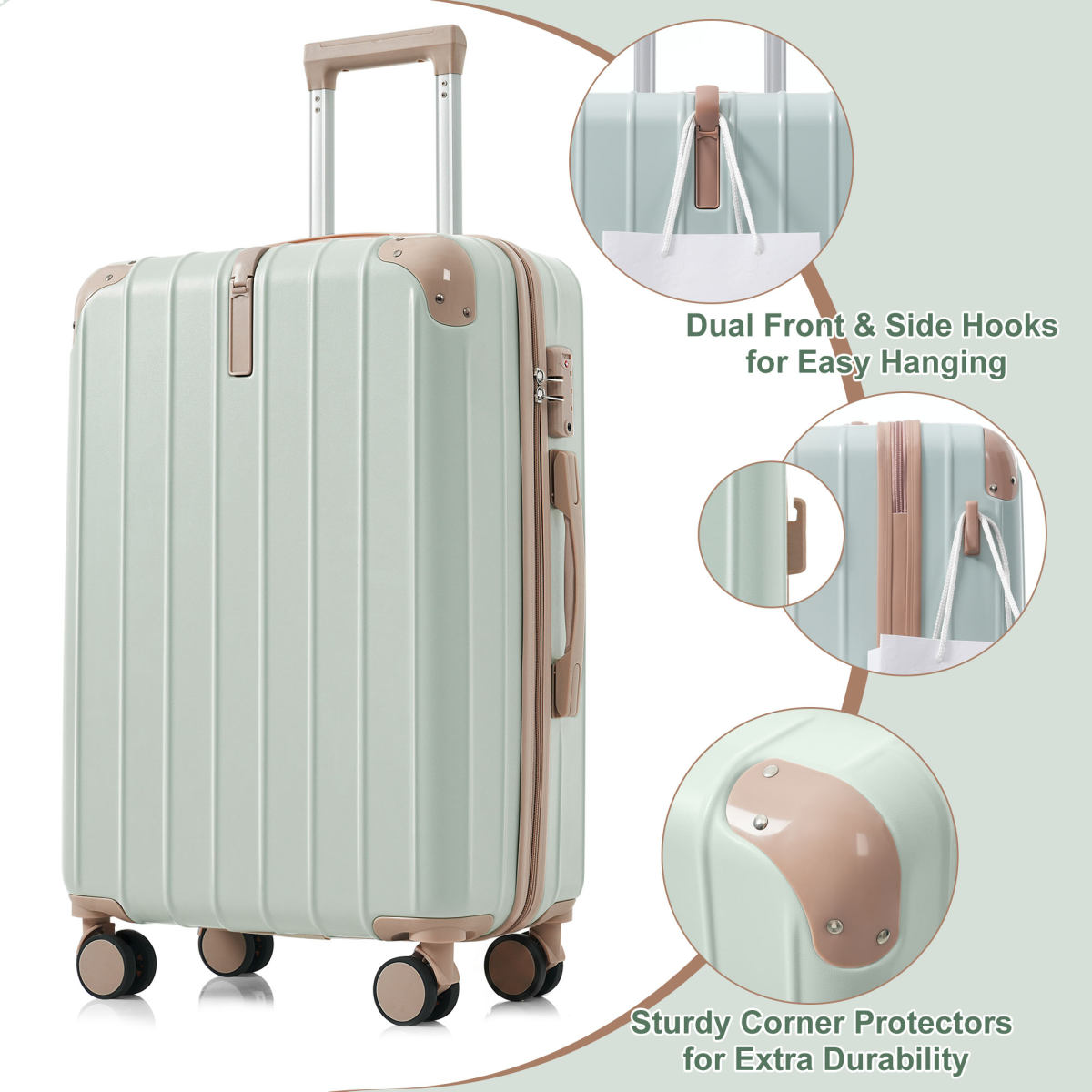 Premium ABS Travel Luggage Set , 3-Piece TSA Lock Suitcase Ensemble with 20, 24, and 28 Inch Sizes with 360° Spinner Wheels, grey green