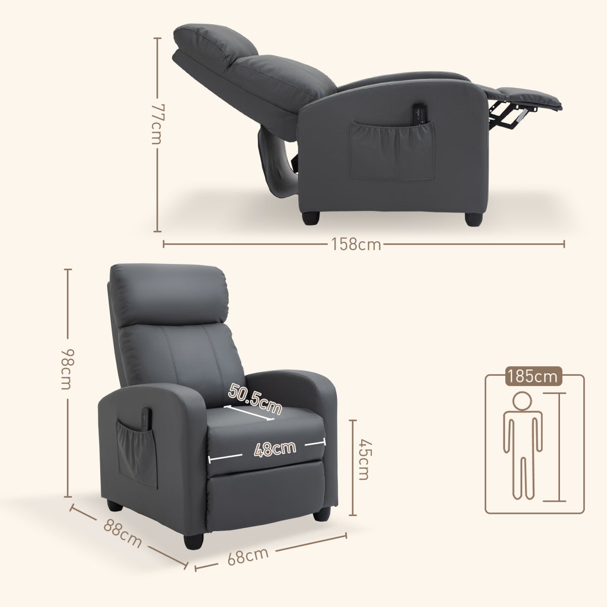Recliner Armchair, Massage Faux Leather Push Back Reclining Chair With Adjustable Leg Rest, Side Pocket, For Home Living Room Theatre, Grey