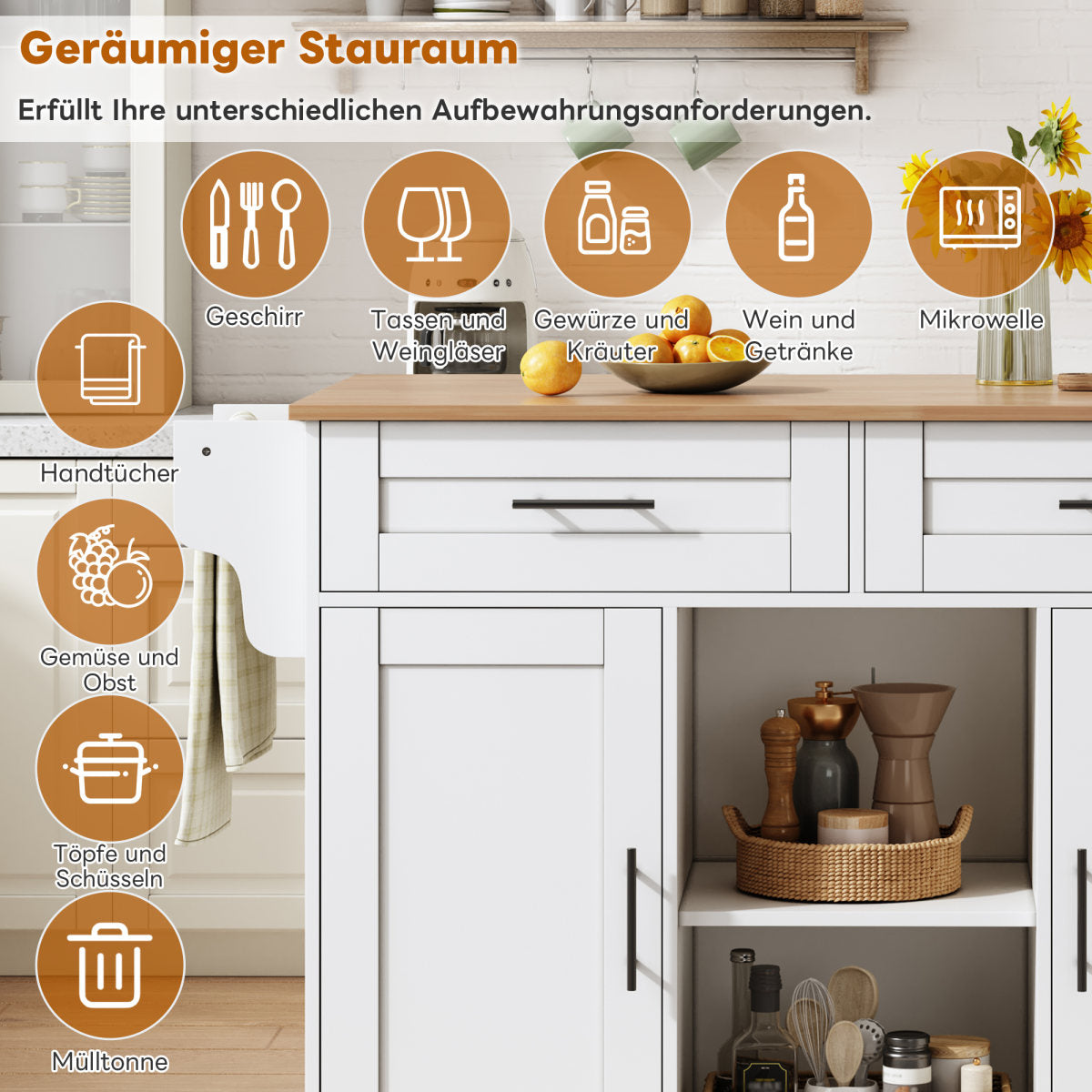 145 X 45 X 94.5 Cm, Multifunctional Mobile Kitchen Island With Folding Worktop, Adjustable Shelves, 5 Wheels, Concealed Cutlery Drawer Suitable For Kitchens, Dining Rooms, Living Rooms, Etc.