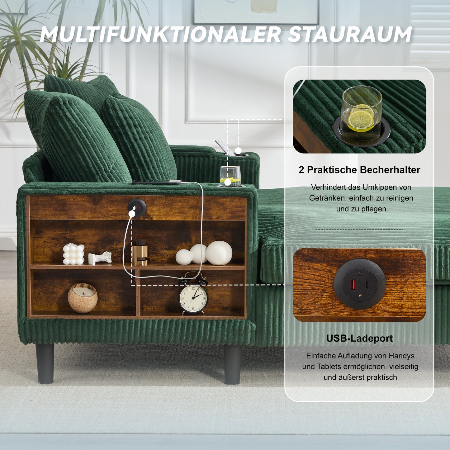 Multifunctional Corduroy Lounge With Chaise Longue With Large Lying Surface, Cup Holders On Both Sides, LED Lighting, Side Pocket, Storage Space, USB Charging Port, Sturdy Plastic Feet Versatile.