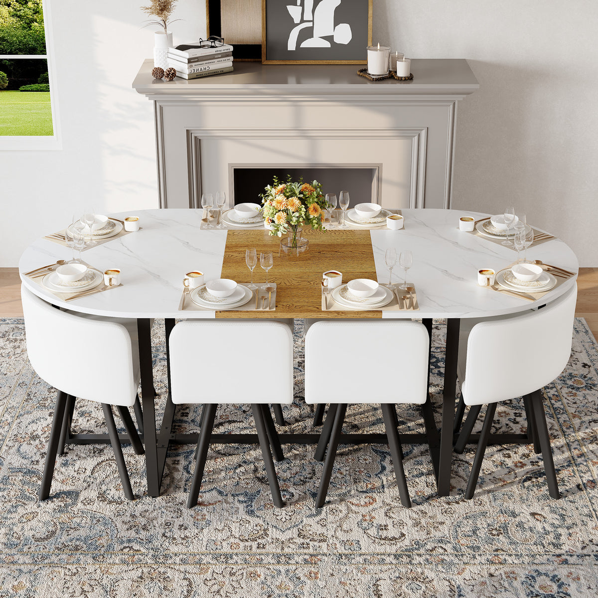 9-Piece Oval Dining Table Set, Fixed White Faux Marble & Wood Grain Triamine Tabletop With 8 White PU Leather Chairs, Modern Kitchen Table Set For 8 People, Ideal For Family Gatherings, Dining Room