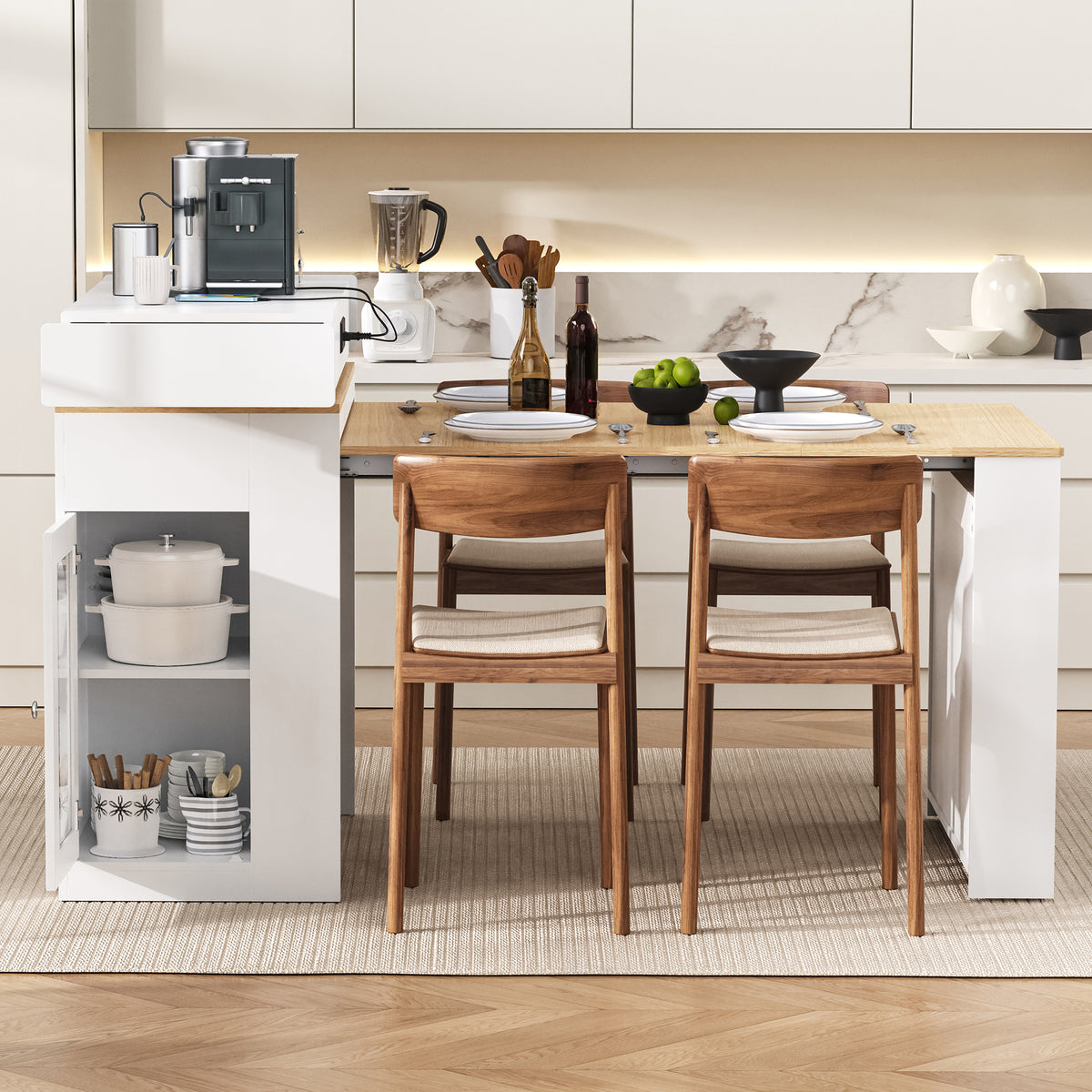 VIDEO TREXM Extendable Dining Table With Folding Tabletop Bar Table With Drawers And Power Outlet Kitchen Island With Wheels And Hooks Sideboard For Kitchen And Dining Room Creamy White Natural
