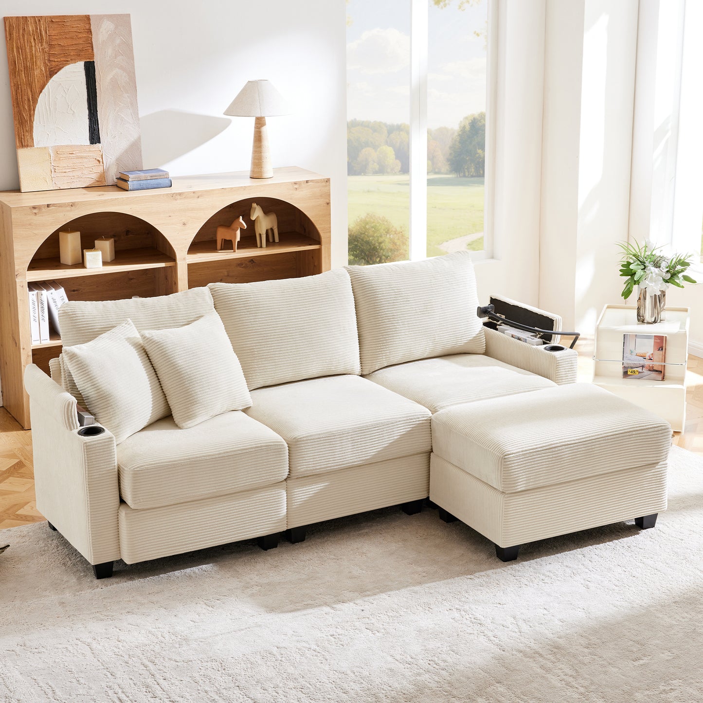 L-Shaped Corner Sofa, Convertible 3 Seater Sofa With Footstool, Cup Holder, USB Charger, Armrest Rest And 2 Cushions, Suitable For Living Room Office Apartment, Beige