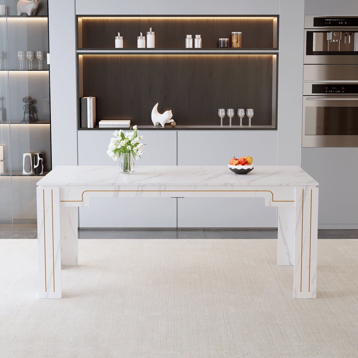 71 X 31.5 Inch White Marble Patterned MDF Spliced Tabletop Dining Table With Grooved Legs Design. Home Dining Table, Suitable For 6-8 People. Flexible Adaptation To Restaurants, Living Rooms, Etc.