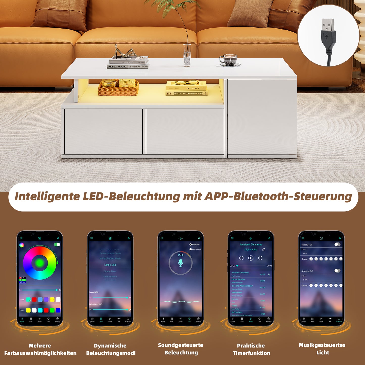 100x50x35cm Tea Table With LED, Living Room Coffee Table, Sofa Table With 2 Drawers, Coffee Table With Total Load Capacity Of 60kg, White Living Room Table With Plenty Of Storage