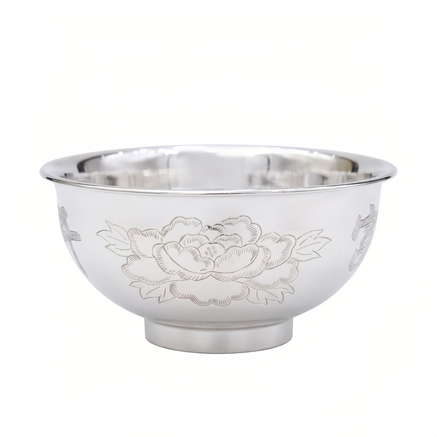 Pure 999 Fine Silver Elegant Hand-Engraved Silver Floral Bowl with Peony Motif for Home Decor - Handicraft