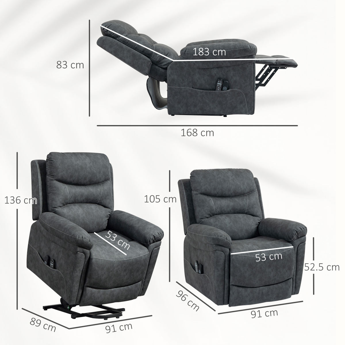 Power Lift Recliner Chair With Vibration Massage, Heat, USB - Grey