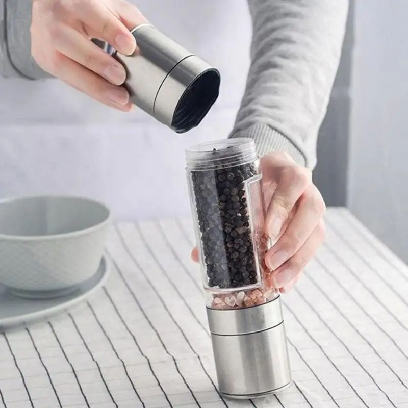 Salt Pepper Grinder 2 In 1 Manual Stainless Steel Salt Pepper Mills Adjustable Ceramic Grinding Spice Mill Kitchen Tool Gadgets