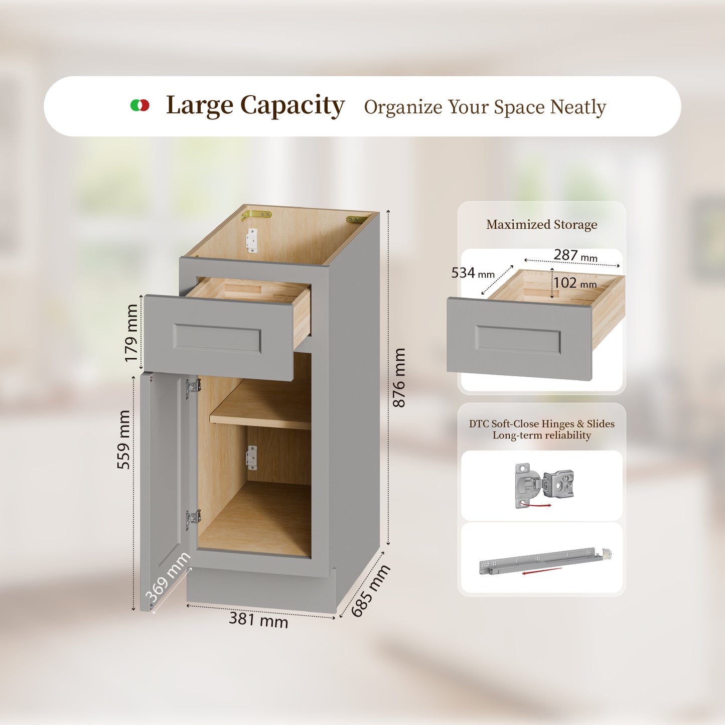15 Gray Shaker Base Cabinet With Soft-Close Door,Drawer,Space-Saving Solid Wood Unit With Adjustable Shelf For Kitchen, Bath, Laundry, Garage 15 W X 24 D X 34.5 H