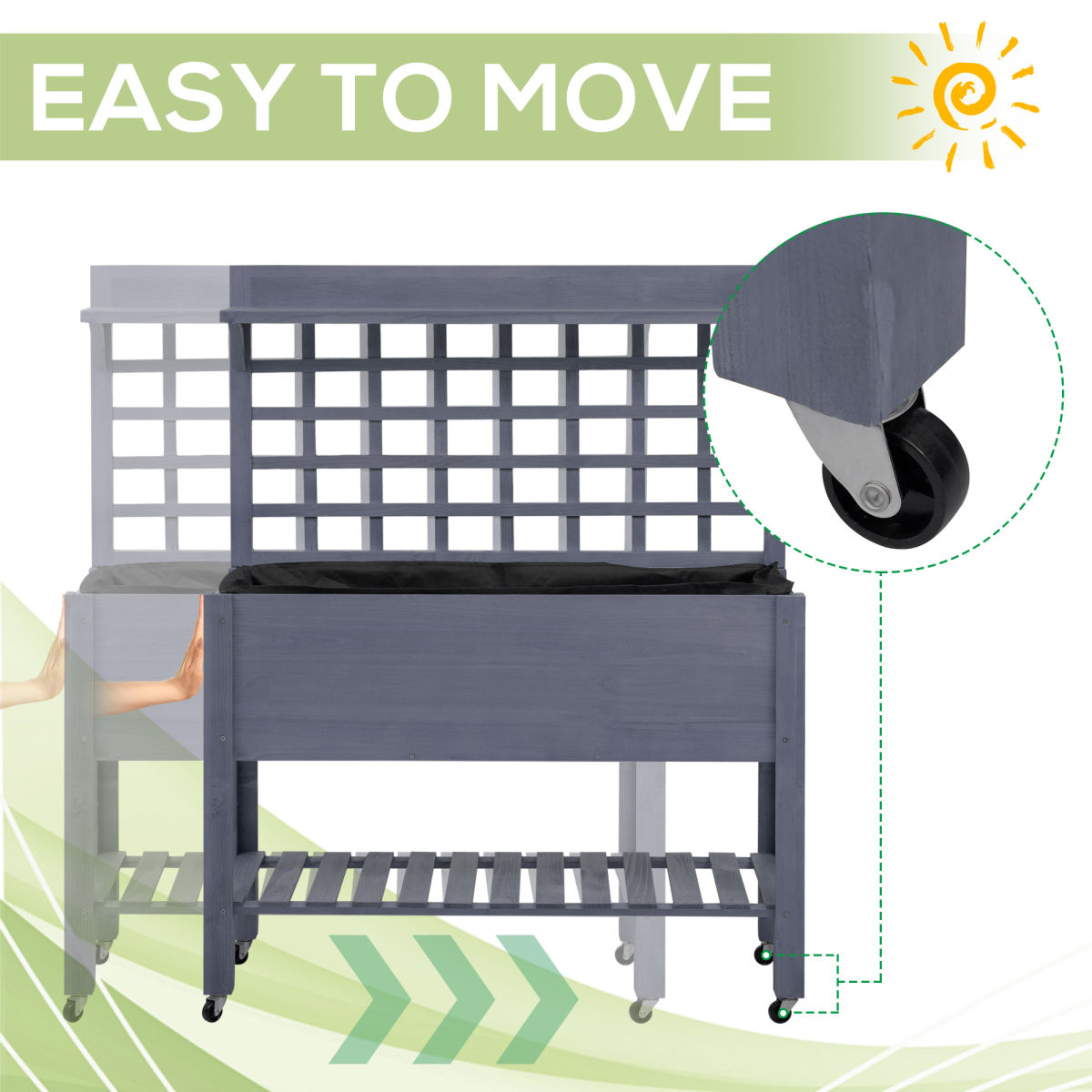 41" Raised Garden Bed Mobile Elevated Wooden Planter Box Stand With Wheels, Trellis And Storage Shelf, Gray