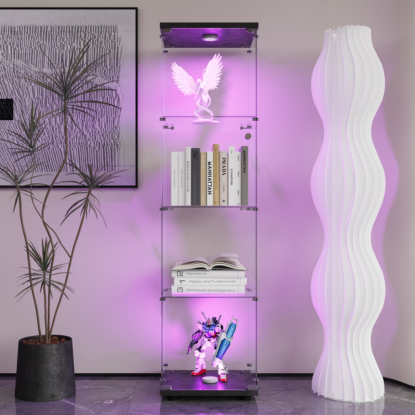 LED Lights Glass Display Cabinet 4 Shelves With Door, Floor Standing Curio Bookshelf For Living Room Bedroom Office, 64.7 X 16.7 X 14.3 , Black