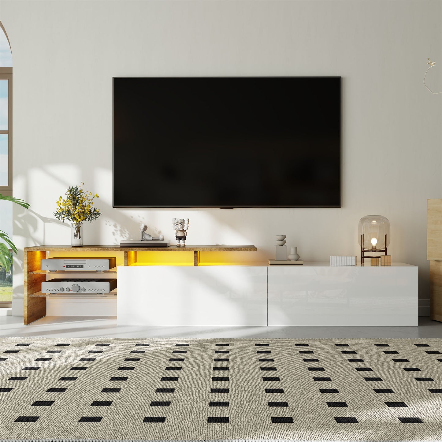 Modern TV Cabinet Design Stylish And Elegant, Practical Storage Space, High-gloss White, Wood Look, Glass Shelves, LED Lighting