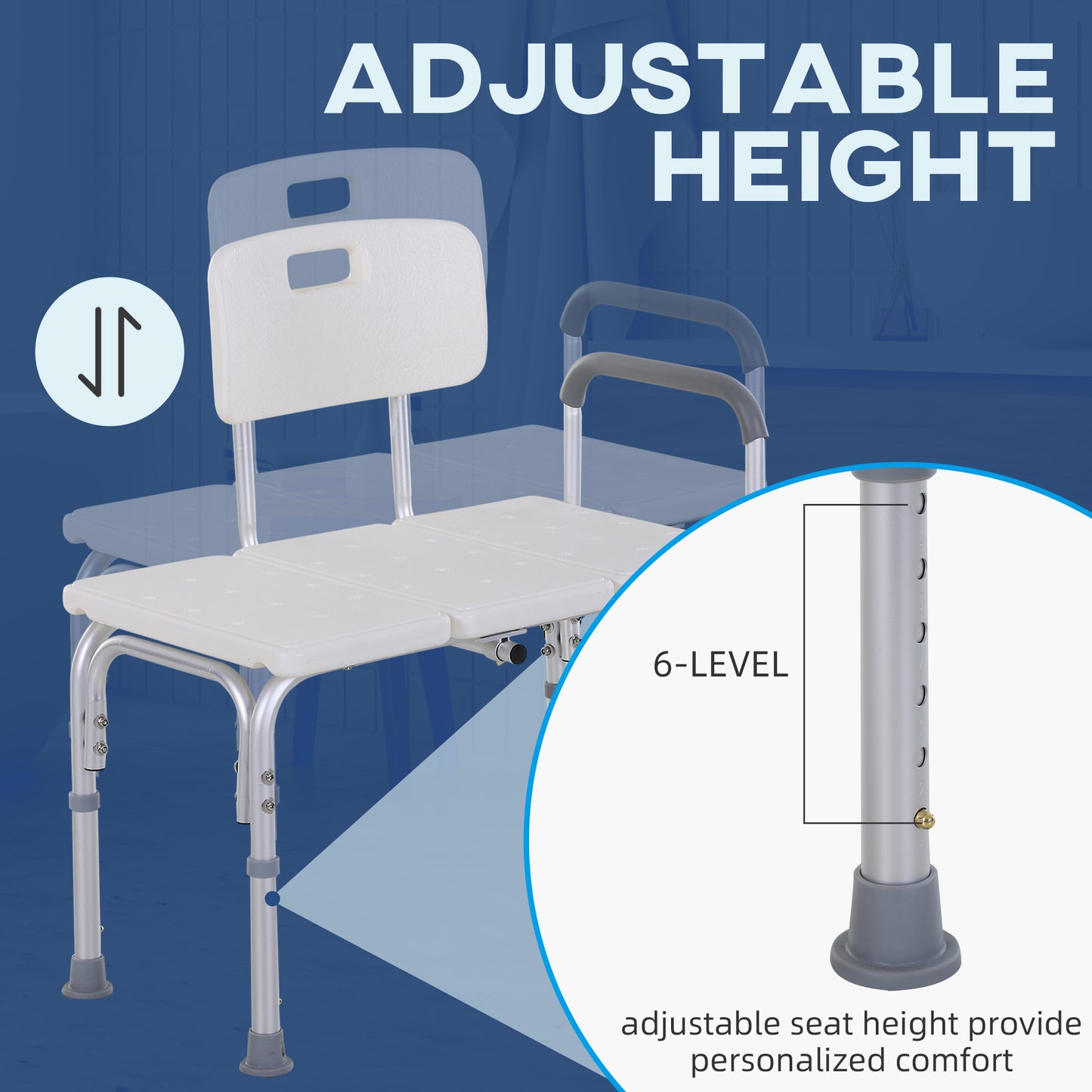 Height Adjustable Shower Chair, Non Slip Bath Transfer Bench For Elderly, Disabled With Armrest And Backrest, 300 Lbs Capacity, White