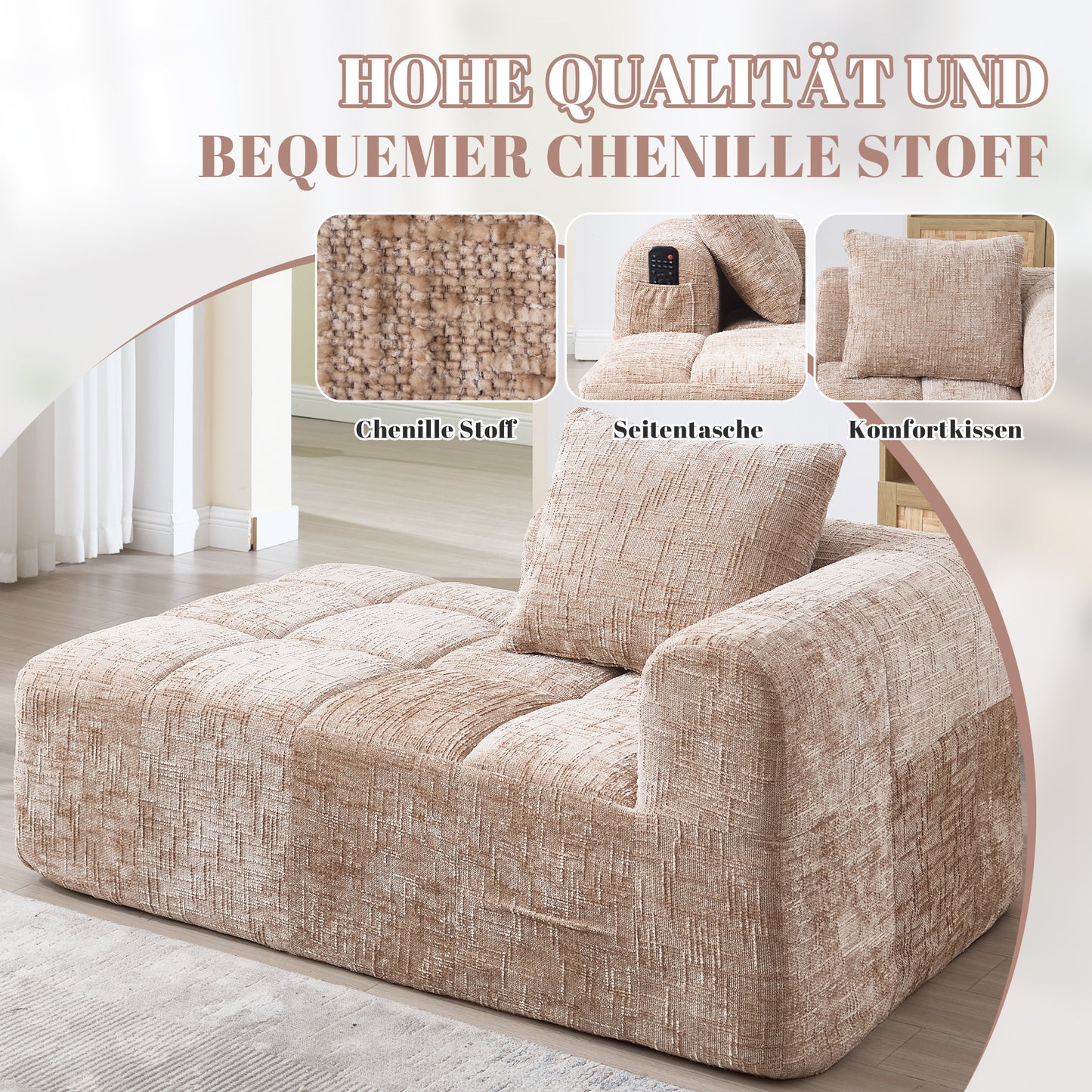 Comfortable Chaise Longue Sofa, No Assembly Required, Soft Sofa With Cushions, Side Pockets For Remote Control And Mobile Phone, Neat And Stylish, Khaki Color