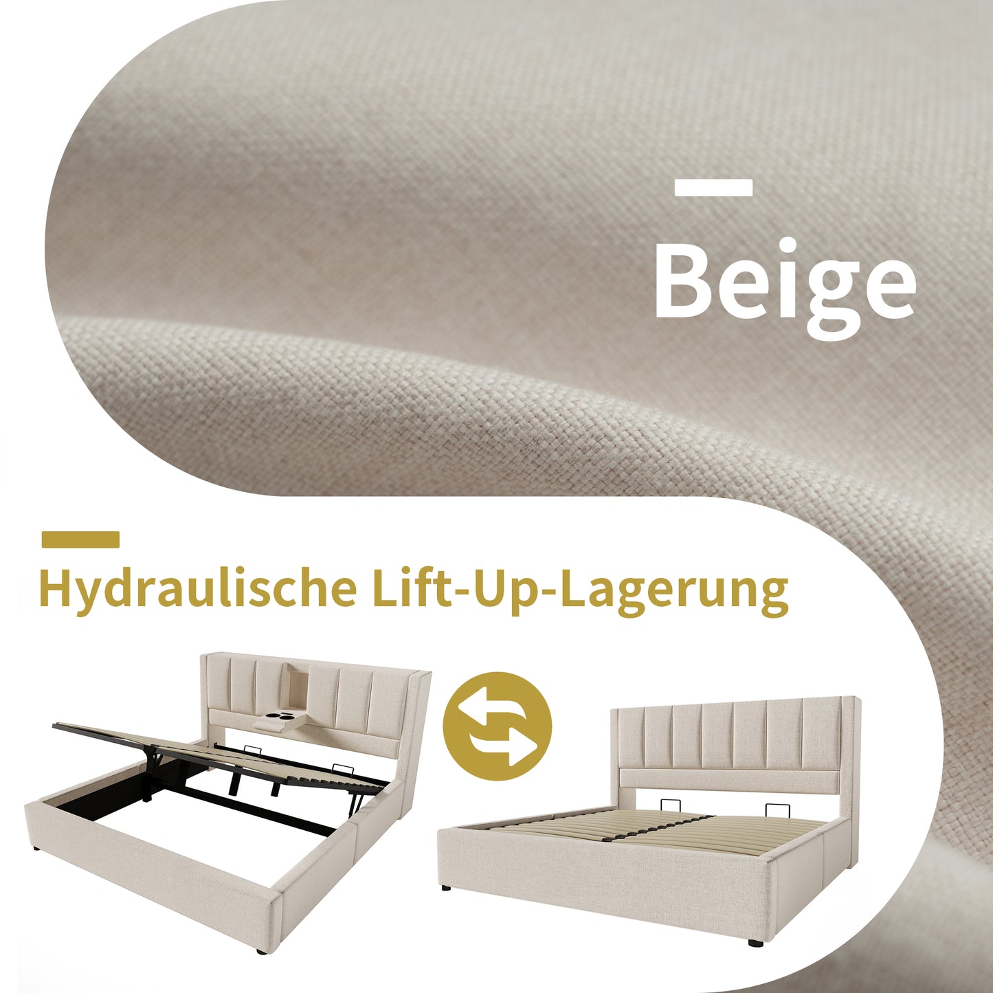 Upholstered Bed 140x190 Cm, Double Bed With Hidden Cup Holder & Charging Station, Hydraulic Bed With Storage Space Under The Bed, Incl. Slatted Frame, Linen Beige Without Mattress