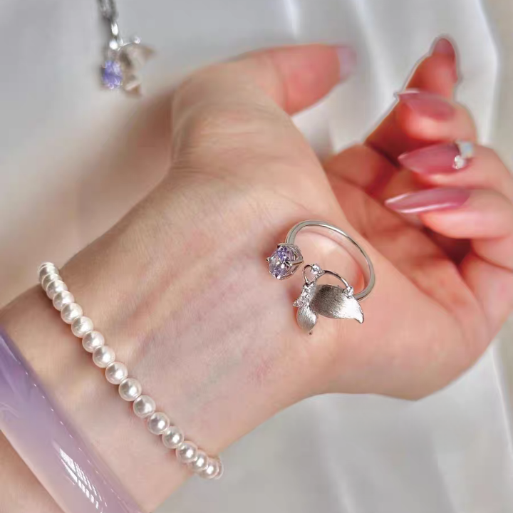 1pc 999 Sterling Silver Butterfly Purple Zircon Open Ring, Sweet & Elegant Style, Perfect For Daily, Dating & Gifting, Ideal Valentine's Gift