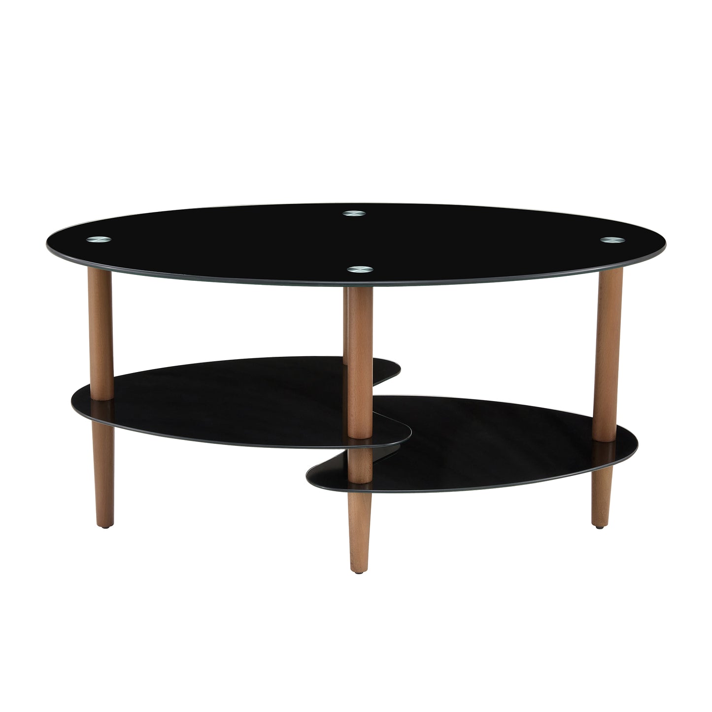 Black Oval Glass Coffee Table, Modern Table In Living Room Oak Wood Leg Tea Table 3-layer Tempered Glass Table