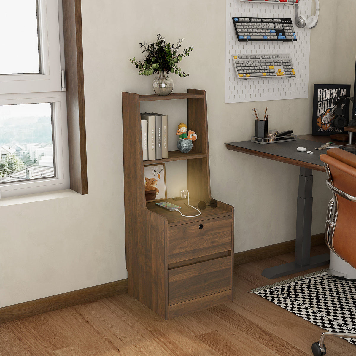 Nightstand With Charging Station, Smart Nightstand With Night Light, Modern Night Stand With Bookshelf, Bedside Tables With Storage Cabinet For Bedroom, Wood