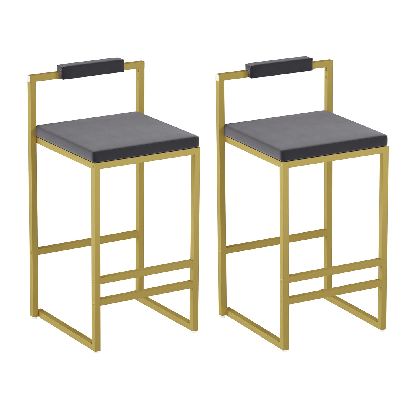 Set Of 2 Bar Stools With Backrest & Footrest Counter Height Velvet Upholstered Dining Chairs For Kitchen Island Gold & Gray