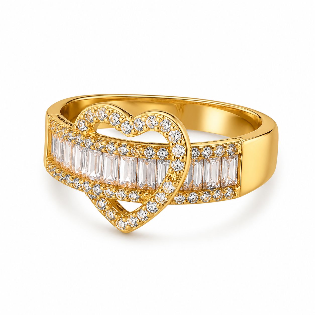 Open Heart Baguette Paved CZ Adjustable Ring For Women, Copper Gold Plated Double Row Crystal Love Statement Wedding Party Jewelry Gift