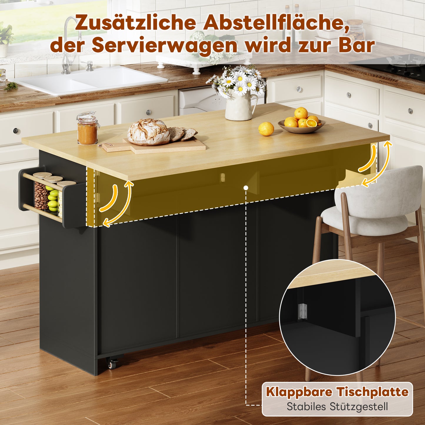 Mobile Kitchen Island With Folding Worktop, Serving Trolley And Storage Cabinet, With 2-tier Vertical Drawers, 2 Large Drawers And Lockable Casters, 120 X45 X92 Cm.