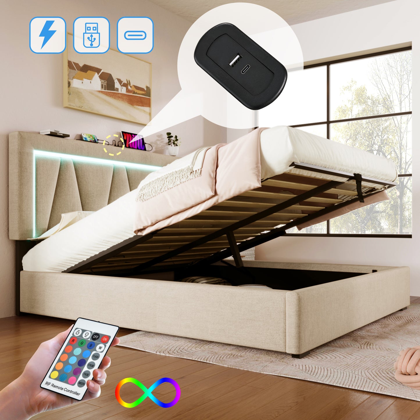 Upholstered Bed LED Double Bed With USB Type-C Charging Function And LED Lighting,Storage Beds Bed Frame Made Of Linen Material Youth Bed 140x200 With Slatted Base Without Mattress