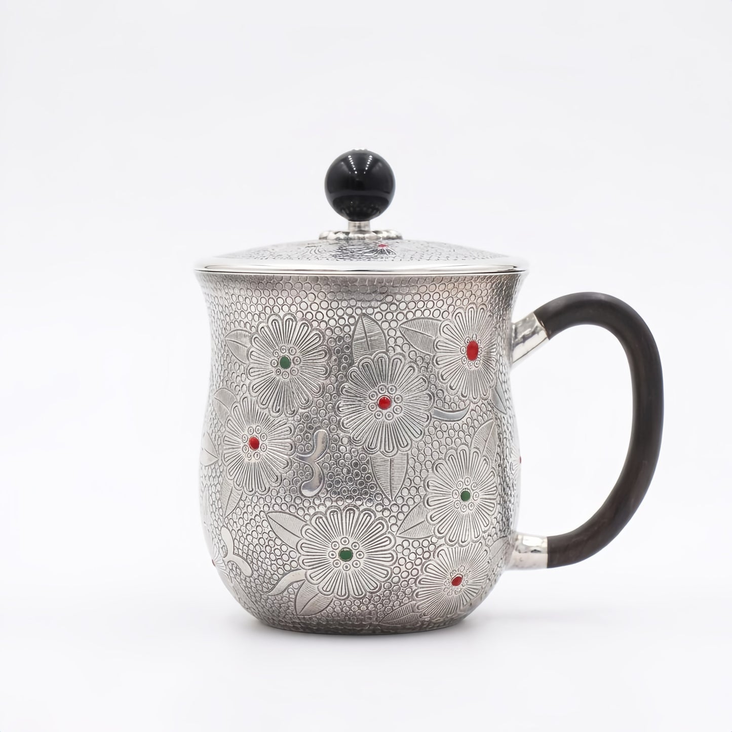 925 Sterling Silver Intricately Engraved Silver Floral Tea Mug with Lid and Elegant Dark Handle - Handicraft