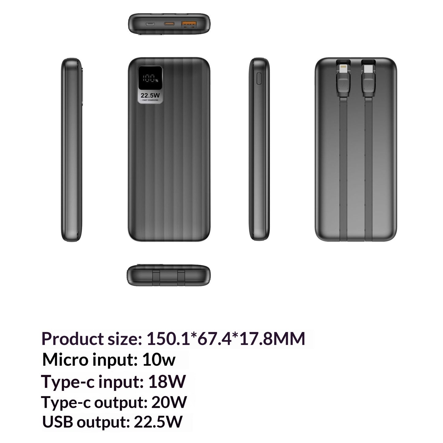 Built-in Cable 10,000 MAh 225W Bidirectional Fast-charging Power Bank