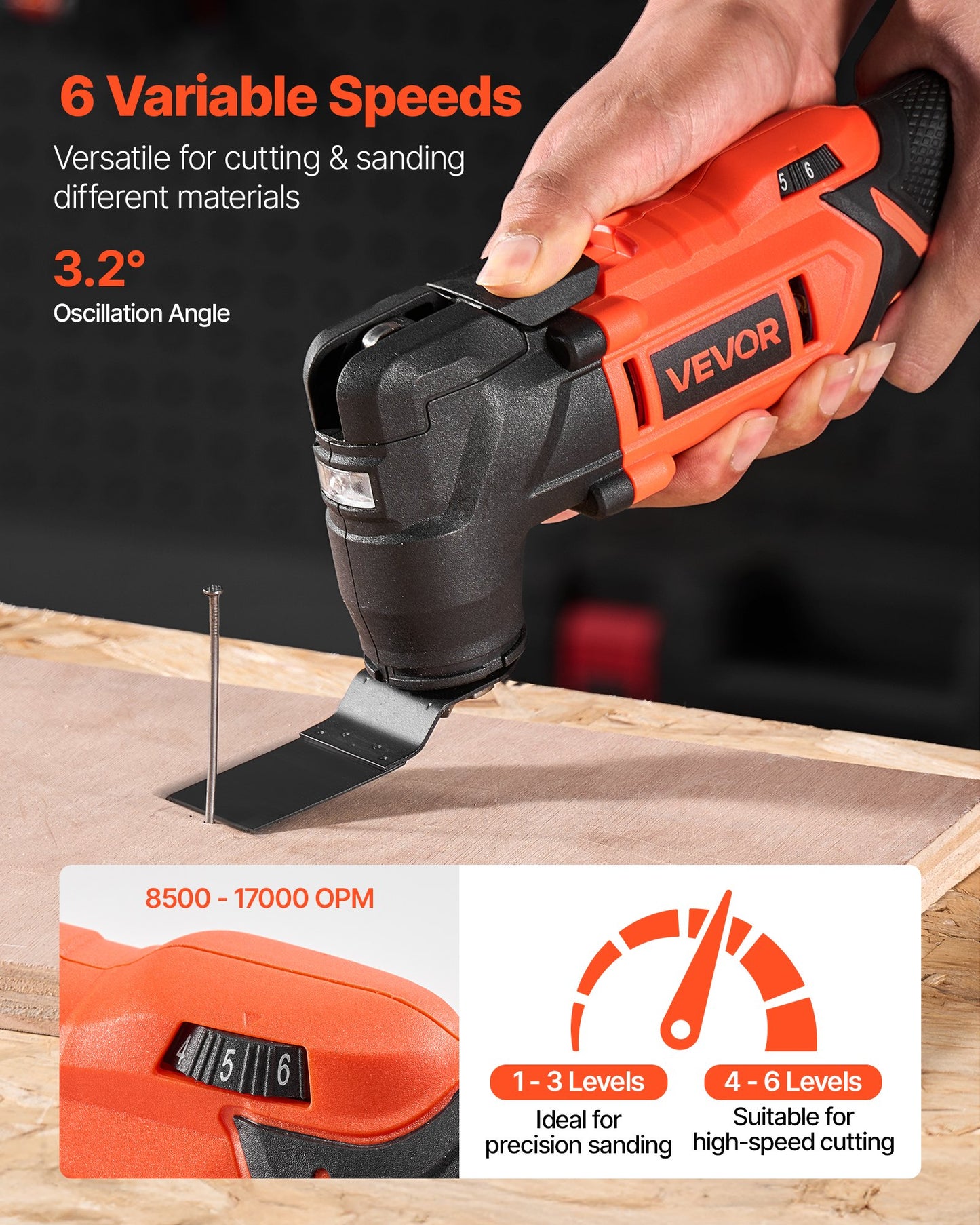 Cordless Oscillating Tool, 20V Oscillating Multi Tool Kit With 6 Variable Speeds 8500 - 17000 OPM, 3.2° Oscillation Angle, 2.0Ah Battery Pack & Charger, 12PCS Saw Accessories & LED Work Light