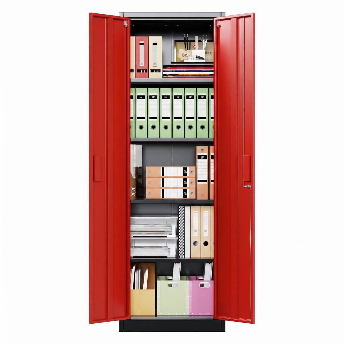 Metal Garage Storage Cabinet, Lockable Steel Storage Cabinet With 4 Adjustable Shelves For Garage, Office, Home, Assembly Required, Black & Red