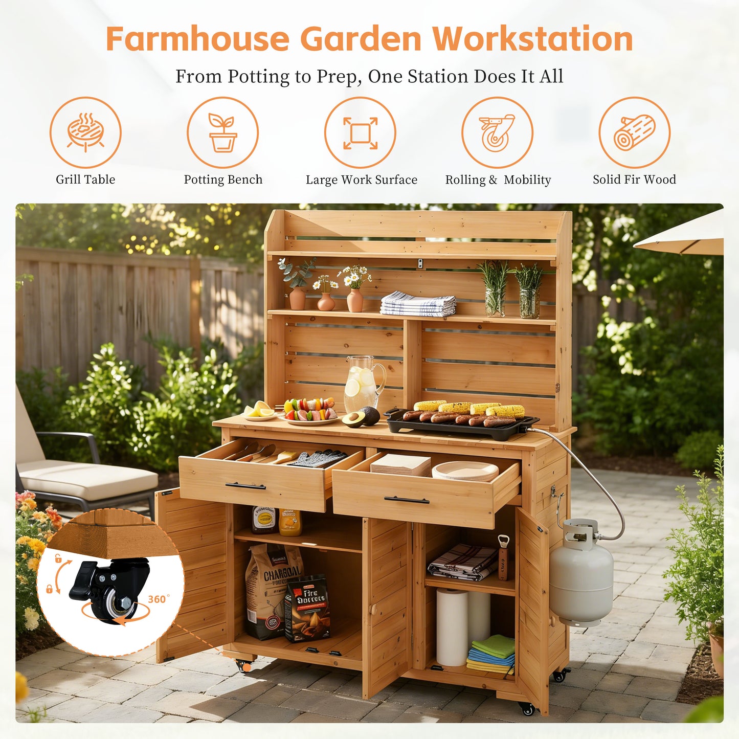 Assembly Video- TOPMAx 65 H Large Garden Potting Bench With Lockable Wheel And Storage Cabinet Wood Outdoor Kitchen Island Prep Cart With Hutch Top Drawers And Removal Shelves For Grilling Natural