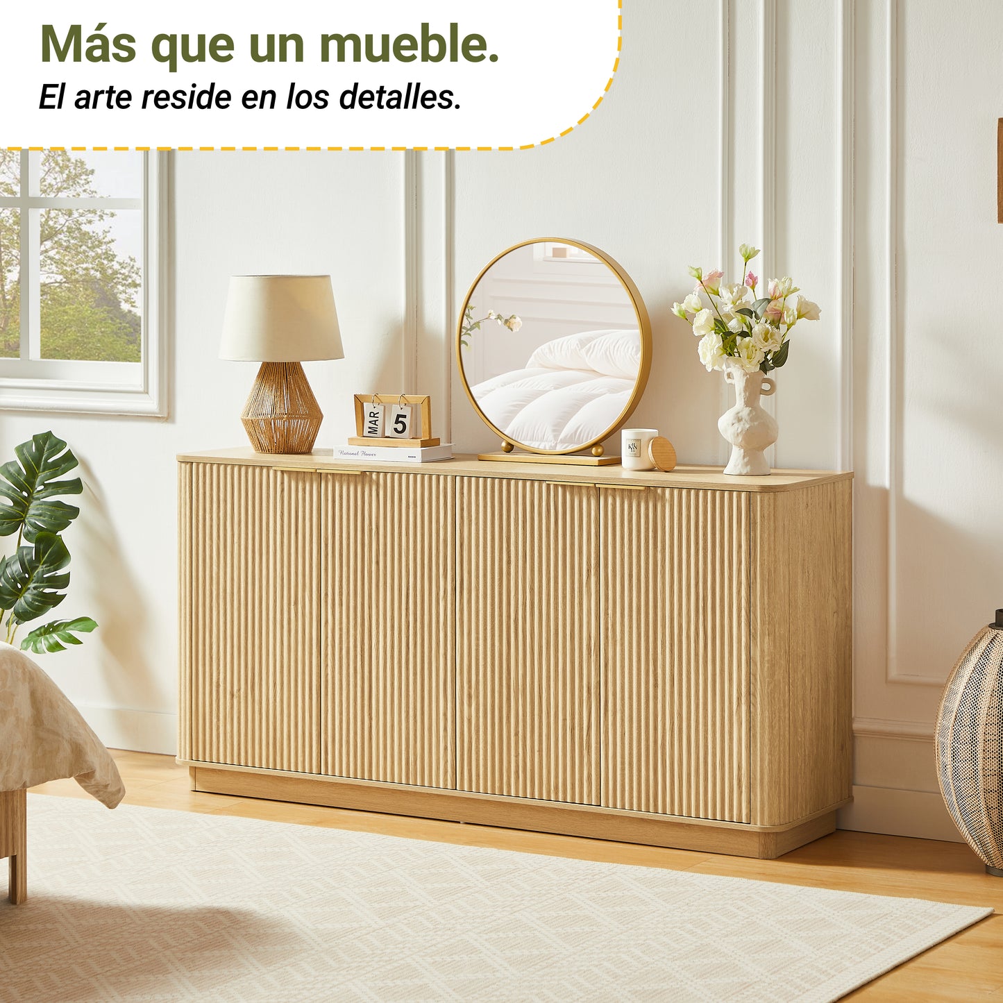 Sideboard Cabinet 160 Cm, Vertical Stripes, Curved Waveform Design, With Storage Space, TV Base Cabinet, For Bedroom, Living Room, Hallway, 160x80x40 Cm, Oak Decor