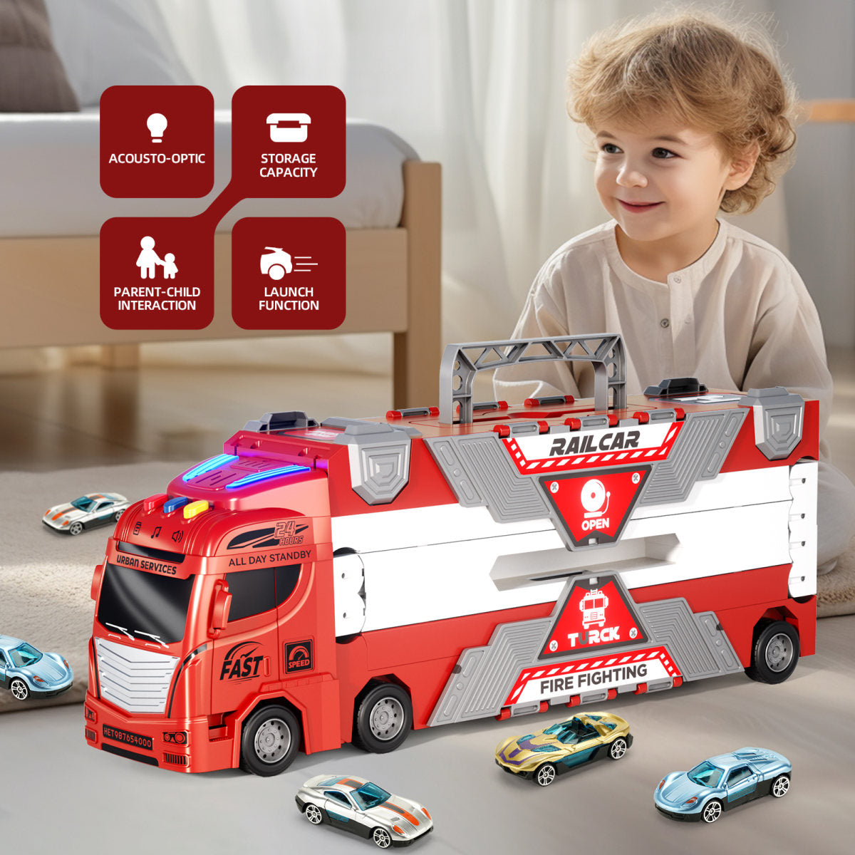 2026 Fire Truck Toys Car With Lights Sounds Music , Transport Truck Toys,Kids Birthday Toys