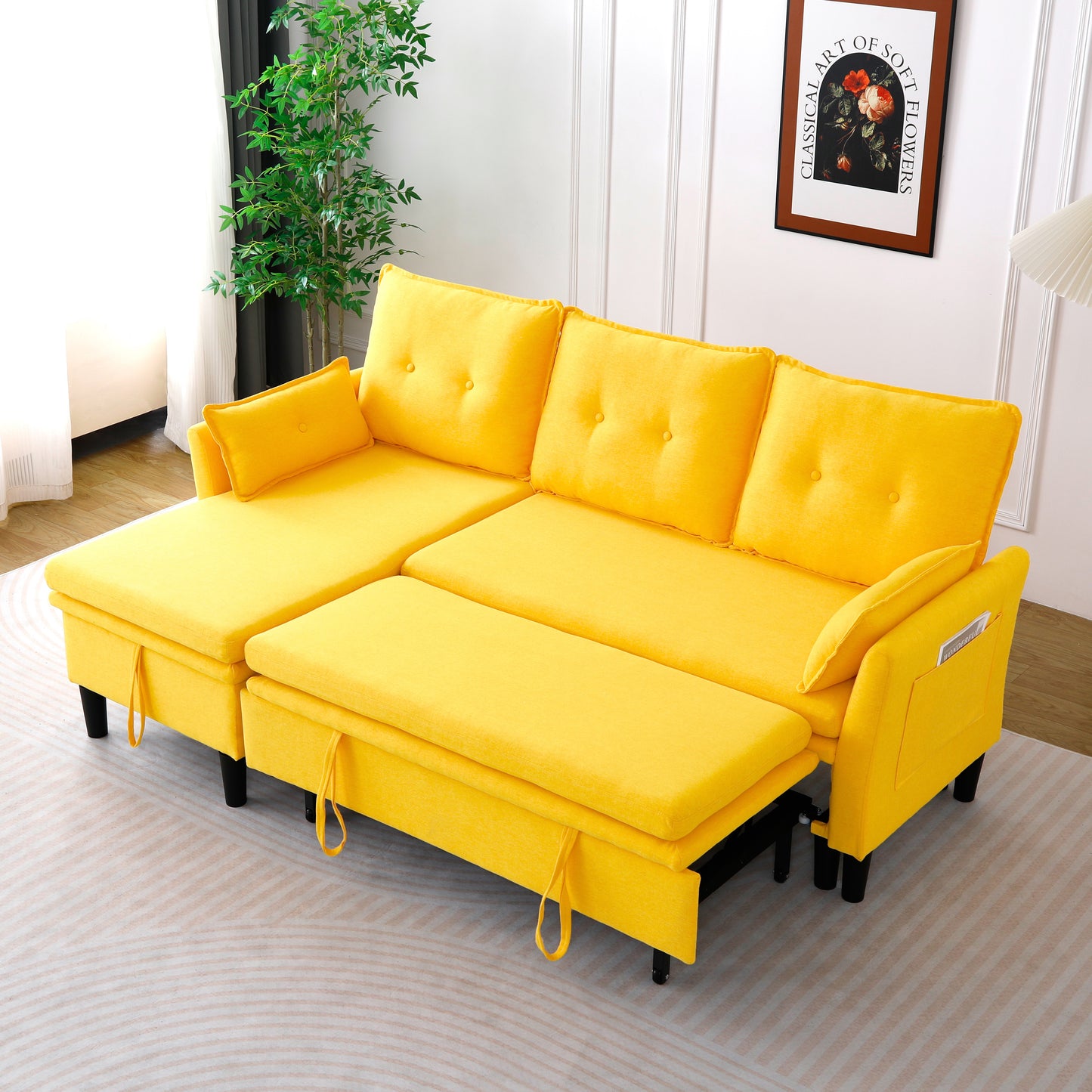 L-Shaped Reversible Chaise Sectional Sofa With Storage - Cotton-Linen, Yellow, Office & Apartment Ready