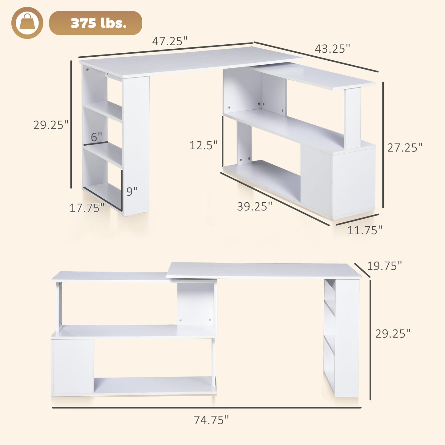 360° Rotating Home Office Desk L Shaped Corner Computer Desk with Storage Shelves, Writing Table Workstation, White