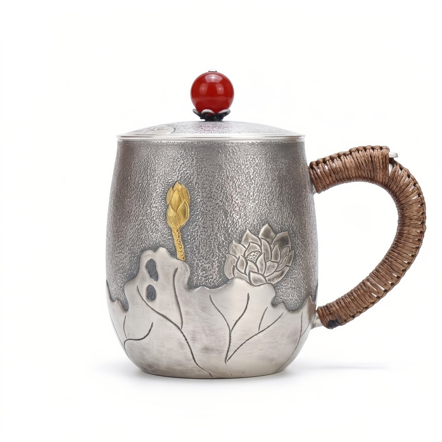 Pure 999 Fine Silver Cup with Gold Lotus Blossom and Bamboo Handle-Premium Tea Mug - Handicraft