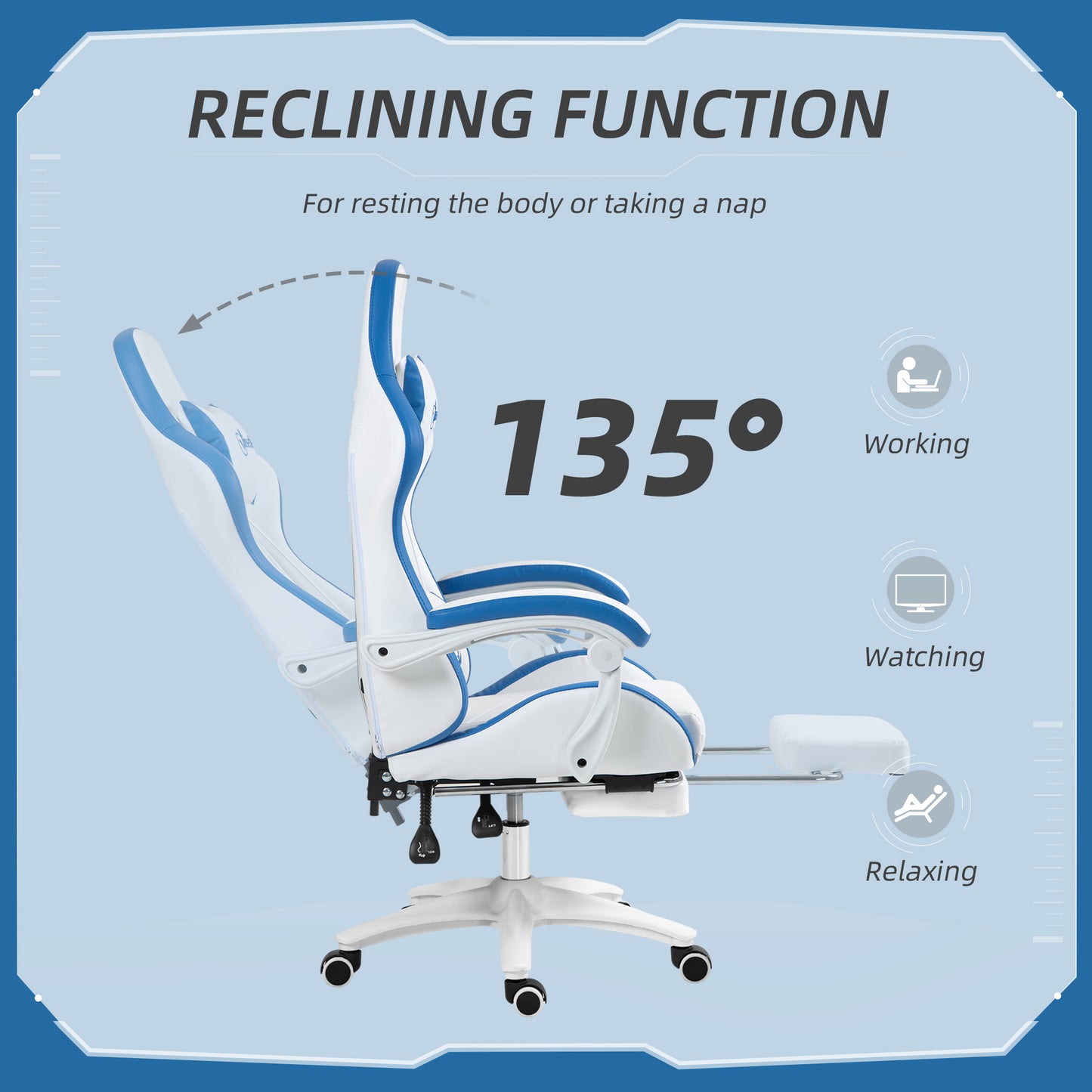 Vinsetto Computer Gaming Chair, PU Leather Office Desk Chair With Footrest, Swivel Wheels, 135° Reclining Back, Lumbar Support, Headrest For Home, White And Blue