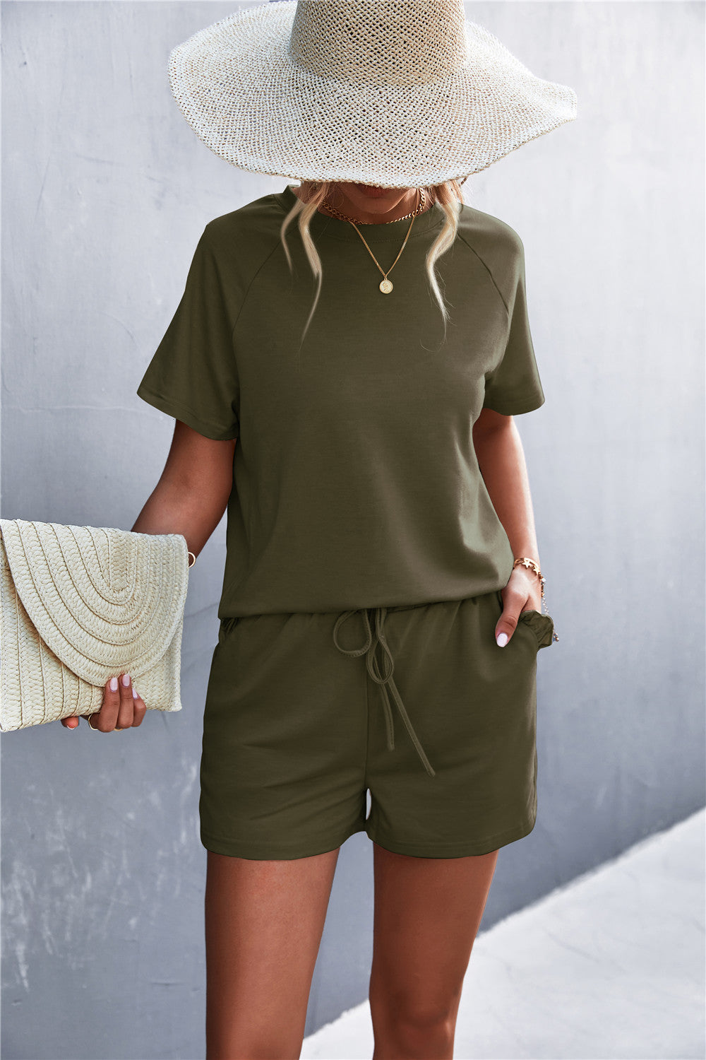 Spring And Summer New Product Best-selling Solid Color Round Neck Ruffled Short Sleeves Shorts Casual Suit