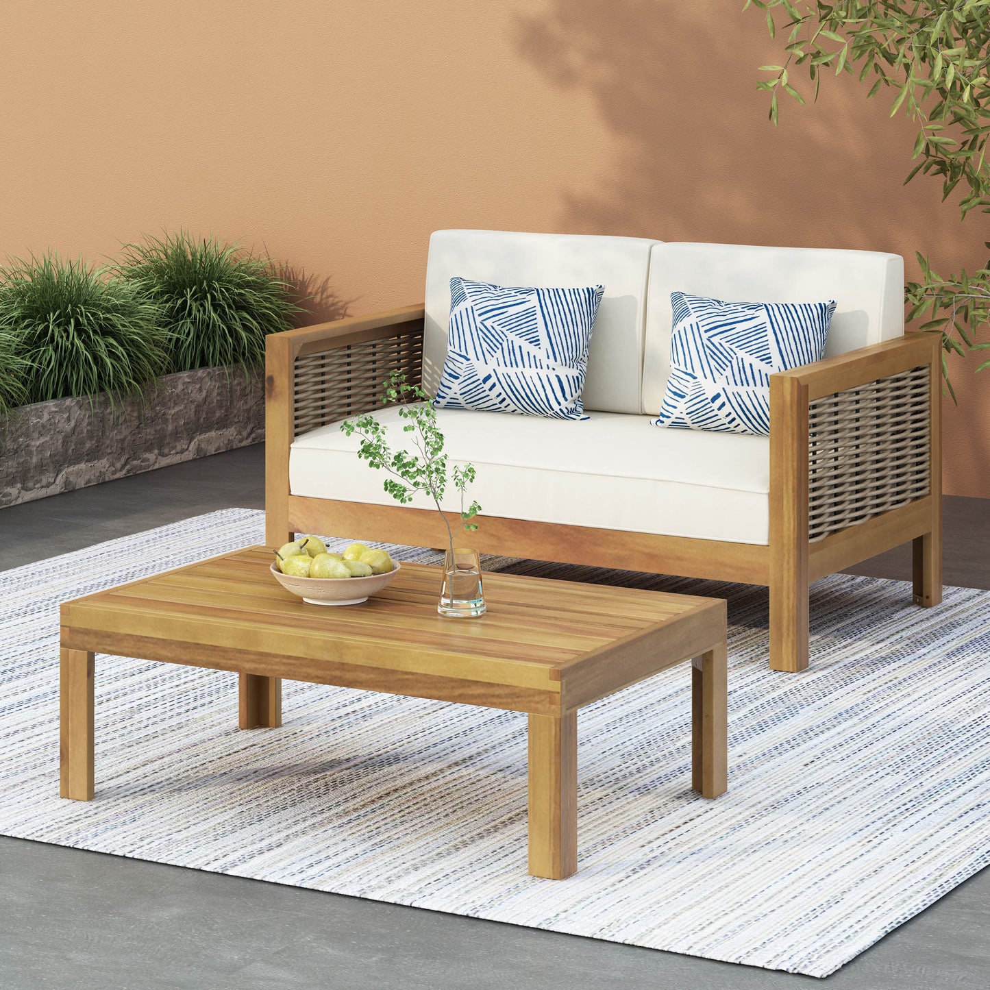 Outdoor Acacia Wood And Wicker Loveseat And Coffee Table Set With Cushions, Teak Beige