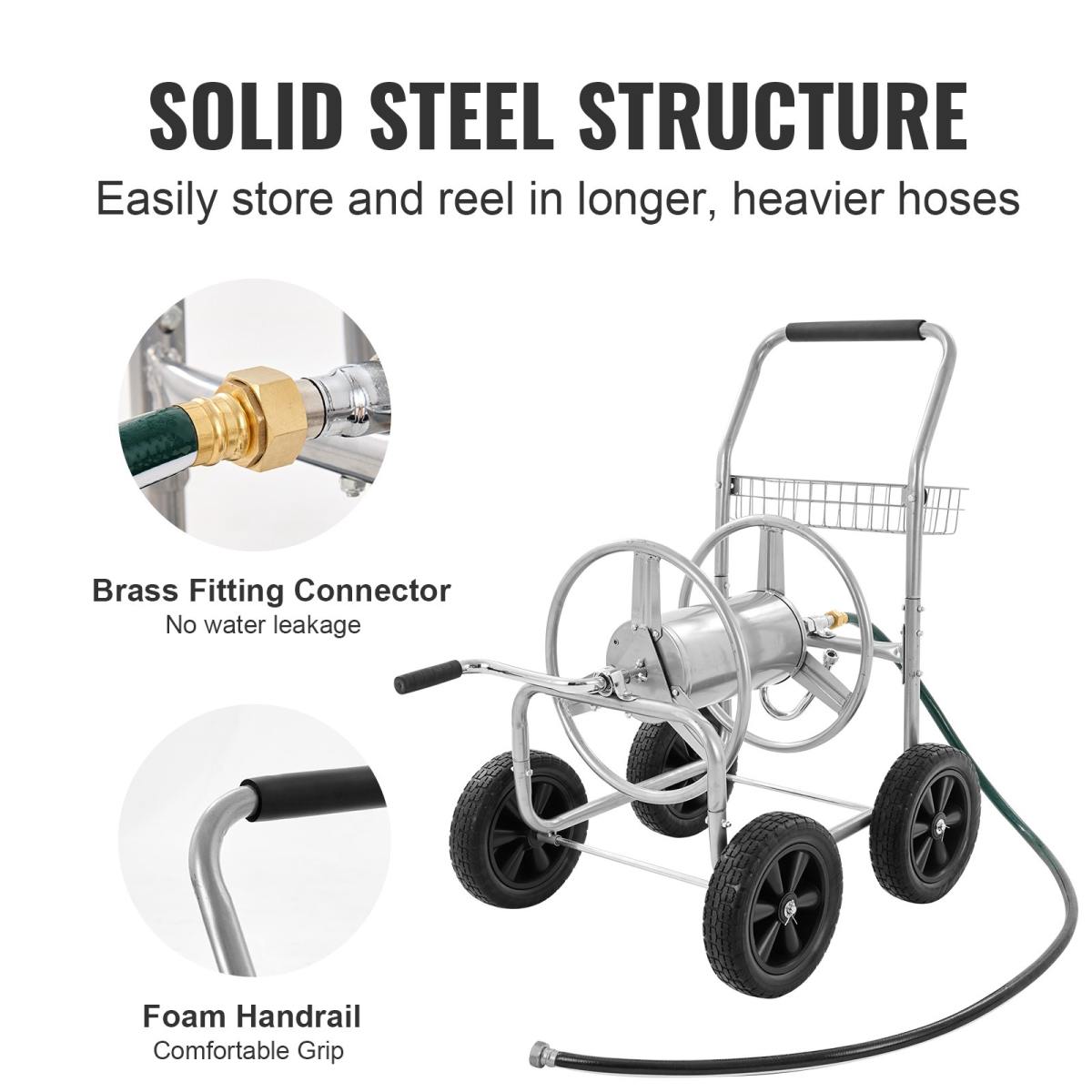 Hose Reel Cart, Hold Up To 300 Ft Of 5/8’’ Hose, Garden Water Hose Carts Mobile Tools With 4 Wheels, Heavy Duty Powder-coated Steel Outdoor Planting With Storage Basket, For Garden, Yard, Lawn