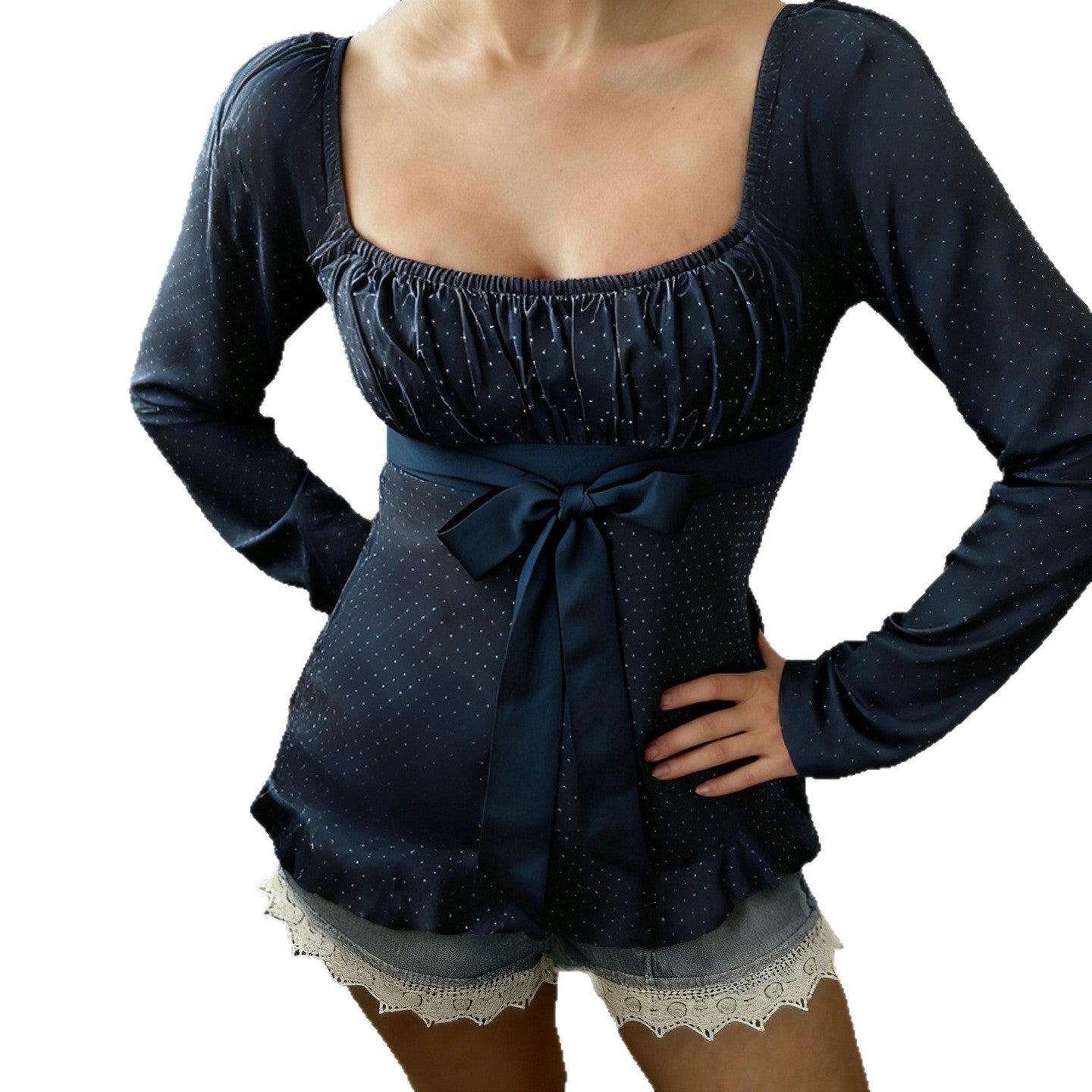 Korean-style Elegant Polka-Dot U-Neck Top With Bow-Tie Straps And Long Sleeves