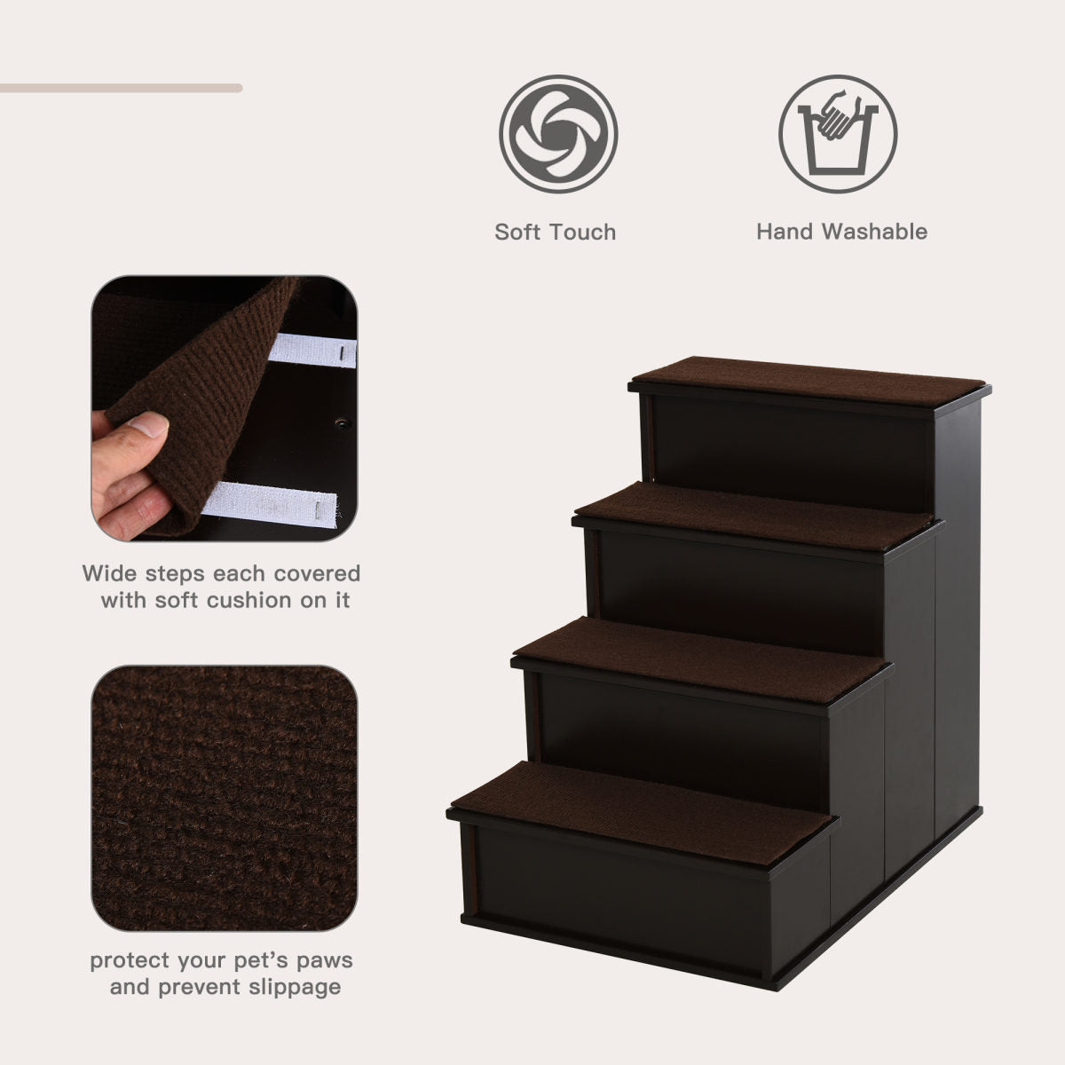 Pet Stairs, Small Pet Steps With Cushioned Removable Covering For Dogs And Cats Up To 22 Lbs, Brown