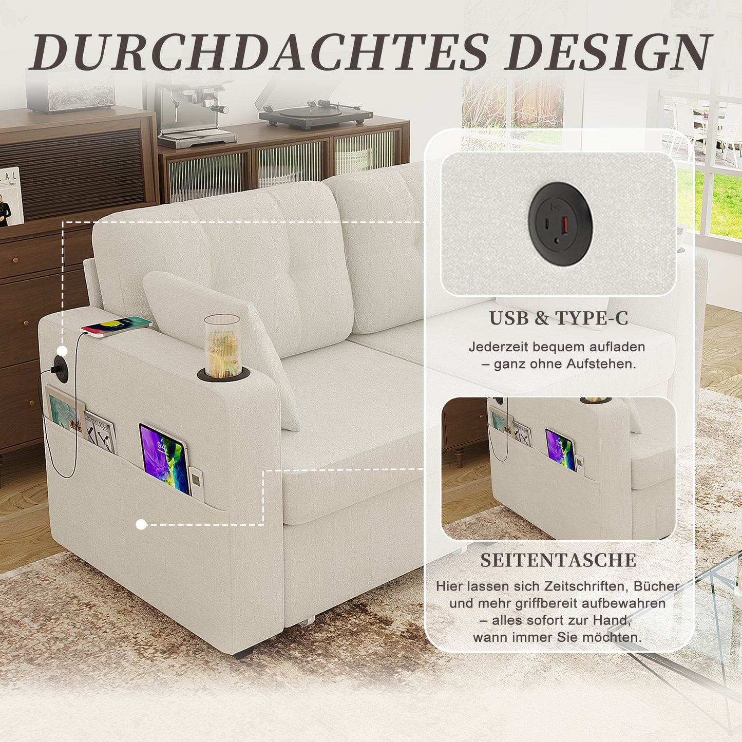 Two-seater Sofa With Two Storage Drawers And USB Charging Ports, With Cup Holders And Side Pockets, Equipped With Hidden Storage Compartments. Suitable For Living Rooms, Apartments And Reading Corners