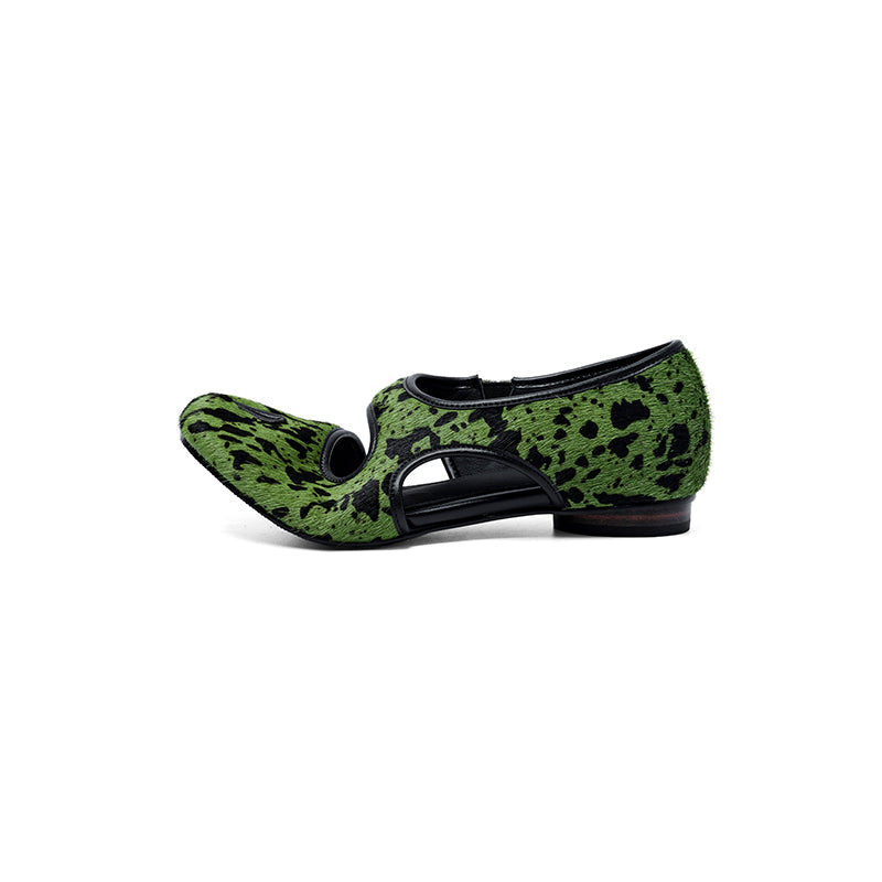 Women's Premium Full Grain Leather Pony Hair Split-Toe Mary Jane Flats, Shallow Cut-Out Shoes