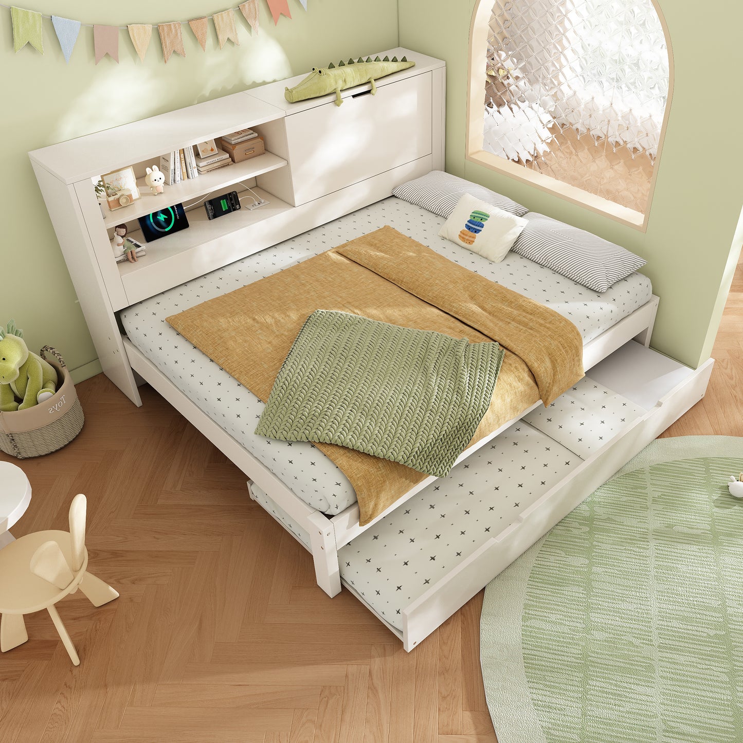 Sofa Bed Double Bed 140x190 Cm With Pull-out Bed 90x190, White Bed Frame With Storage Back Panel, Open Compartment, Concealed Folding Storage Space, USB-USB-C Charging Station, Slatted Base, Without M